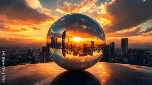 A captivating high-resolution photo of a golden sphere encapsulates a vibrant cityscape, reflecting the warm golden light of a sunset. The city within the sphere boasts a mix of architectural 