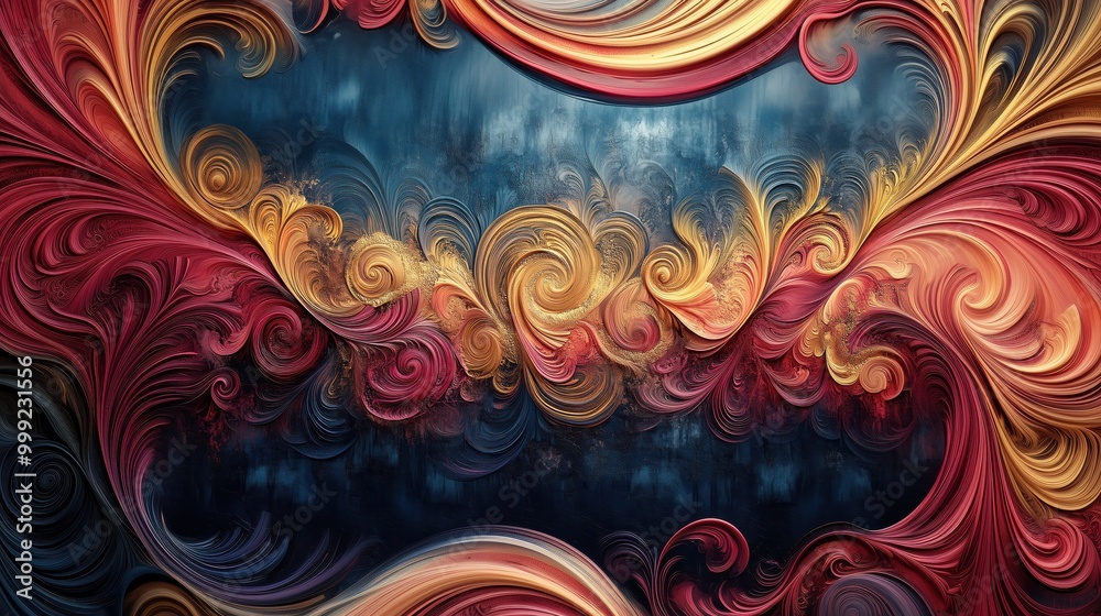 A swirling dance of midnight blue and antique gold entwines in an elegant tapestry of abstract artistry A swirling dance of midnight blue and antique gold entwines in an elegant tapestry of abstract artistry