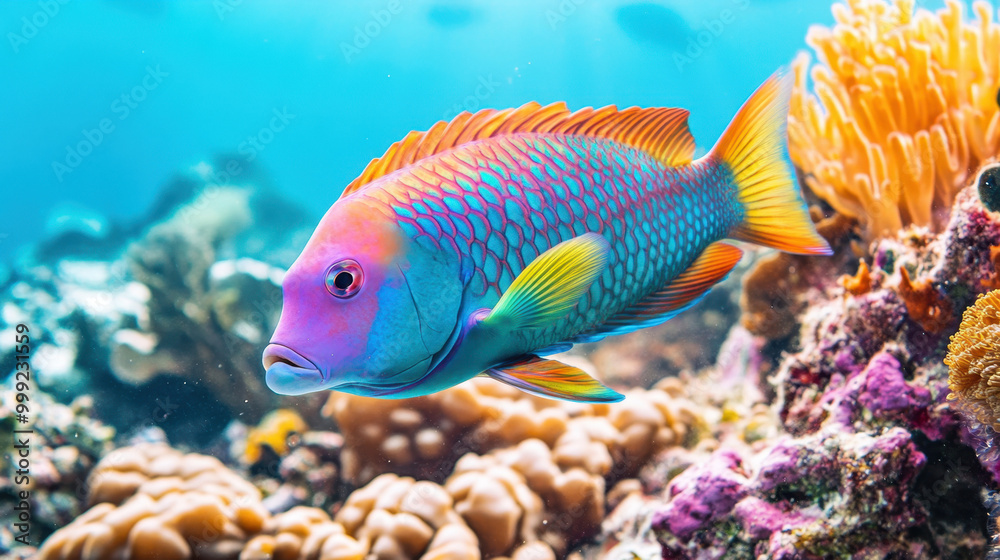 A vibrantly colored fish swims gracefully among the coral in a clear, tropical underwater scene, showcasing the beauty of marine life.