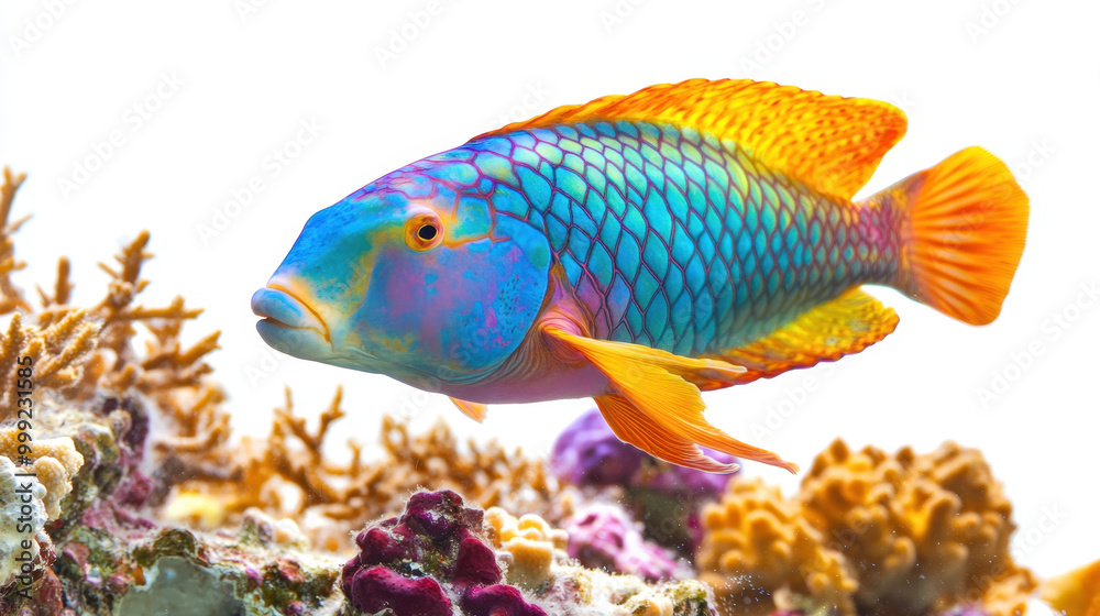 Fototapeta premium A vibrantly colored parrotfish swims gracefully over a stunning coral reef, showcasing the beauty of marine life against a bright white background.