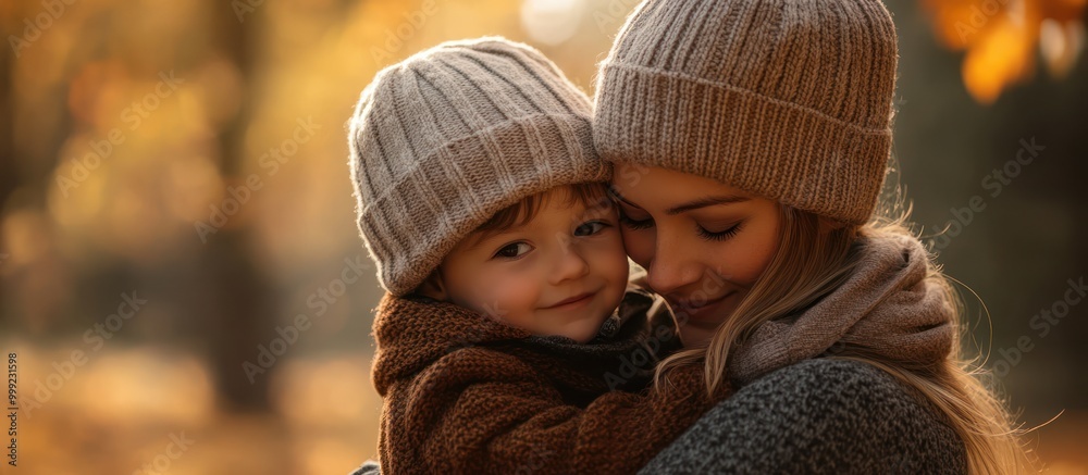Obraz premium Close up of a mother and son cuddling in an autumn forest, both wearing knitted hats and sweaters.