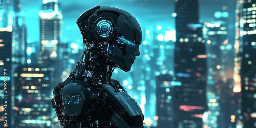 A humanoid robot in a cyberpunk scene, featuring sleek metallic features, glowing circuits, and a moody, high-tech urban setting.