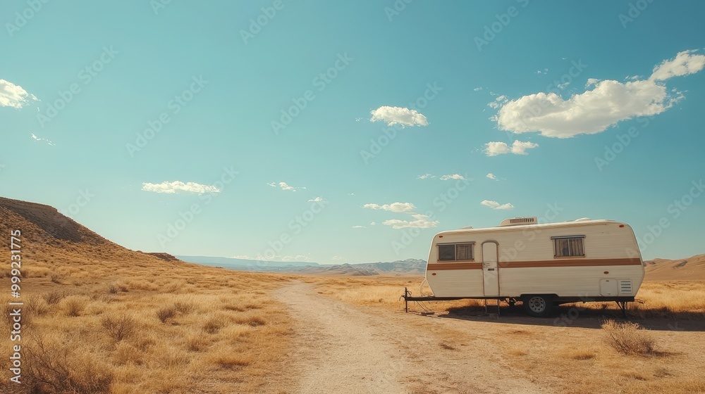 Recreational vehicle in remote desert landscape