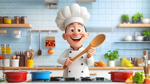 A lively 3D clipart of a smiling chef is showcased, proudly holding a wooden spoon in a bright and colorful kitchen setting, against a clean white background. The chef's outfit includes a traditional 