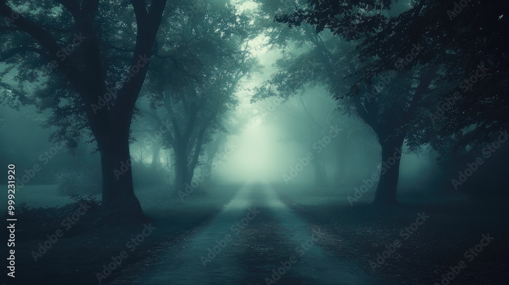 Fototapeta premium Mysterious dark forest with misty road and eerie trees
