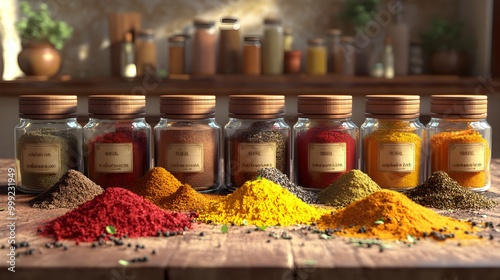 Fototapeta Naklejka Na Ścianę i Meble -  A stunning 3D illustration depicting an assortment of organic spice jars, each filled with vibrant, richly colored powders. The jars are arranged artfully, showcasing various shapes and sizes, 