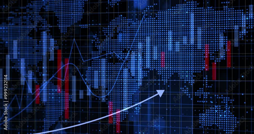 Stock market, global and arrow for finance with bar graph for supply chain, commodity price increase or decrease. Chart information, digital and stats of economic inflation, cost and value or rates.