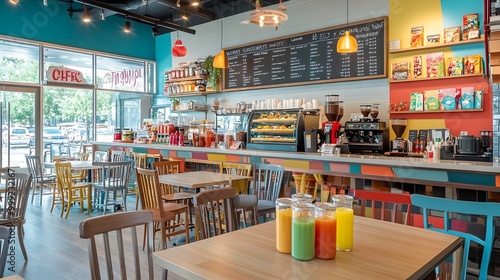 A vibrant image of a bright café filled with natural light, showcasing an extensive coffee menu displayed on a chalkboard behind the counter. The cheerful atmosphere is enhanced by colorful 