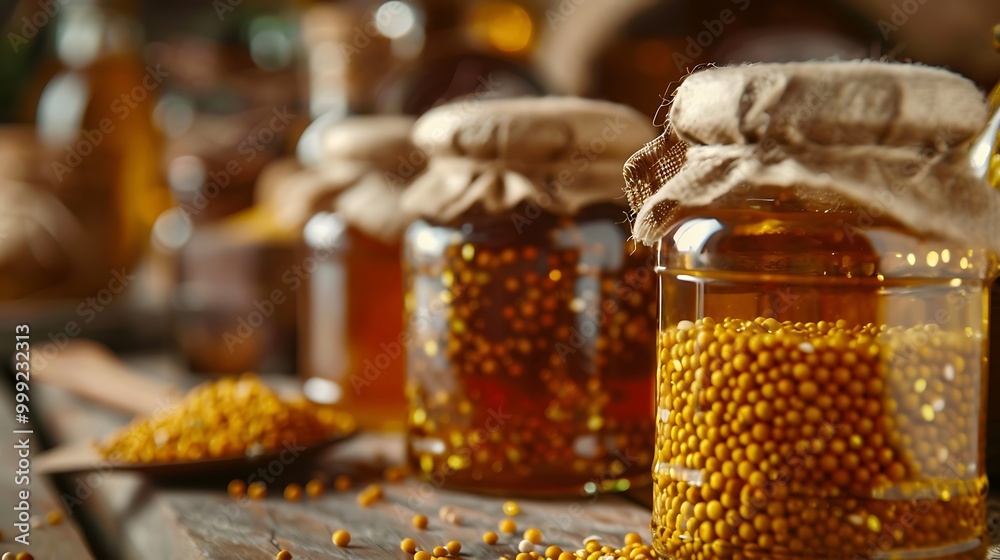 Glass jars with honey and mustard seeds on the table