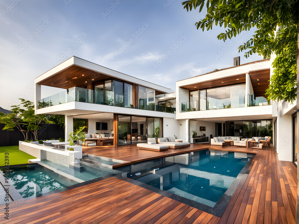 Exterior design of house, home and villa feature swimming pool, garden, terrace and decking Exterior design of house, home and villa feature swimming pool, garden, terrace and decking