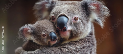 Close-up portrait of a mother koala cuddling her joey. photo