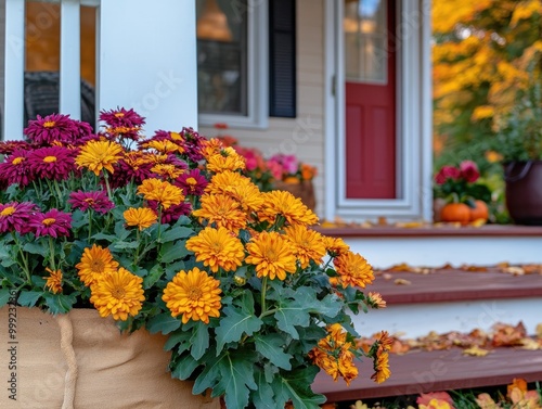 autumn porch decoration featuring chrysanthemums