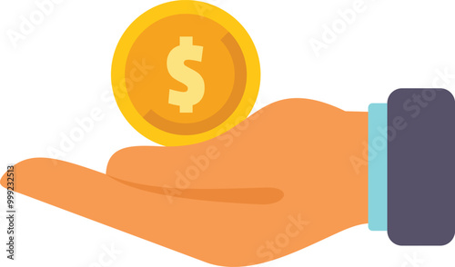 Businessman is holding a golden coin with the dollar sign on his open palm