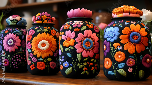 Embroidered Jars with Vibrant Floral Designs