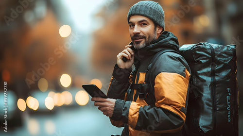 Adventurous Man Exploring City With Backpack, Using Phone