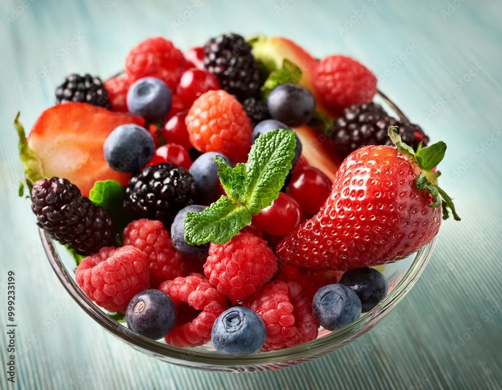 Vibrant fruit garnishes with depth of field showcasing berry clusters and mint leaves Vibrant fruit garnishes with depth of field showcasing berry clusters and mint leaves