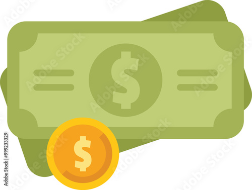 Simple illustration featuring dollar bills and a gold coin, conveying concepts of wealth, savings, and financial success