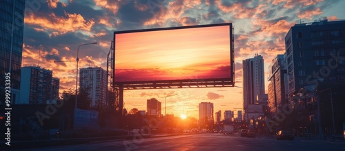 A large billboard with a sunset sky image in a cityscape at dusk. photo