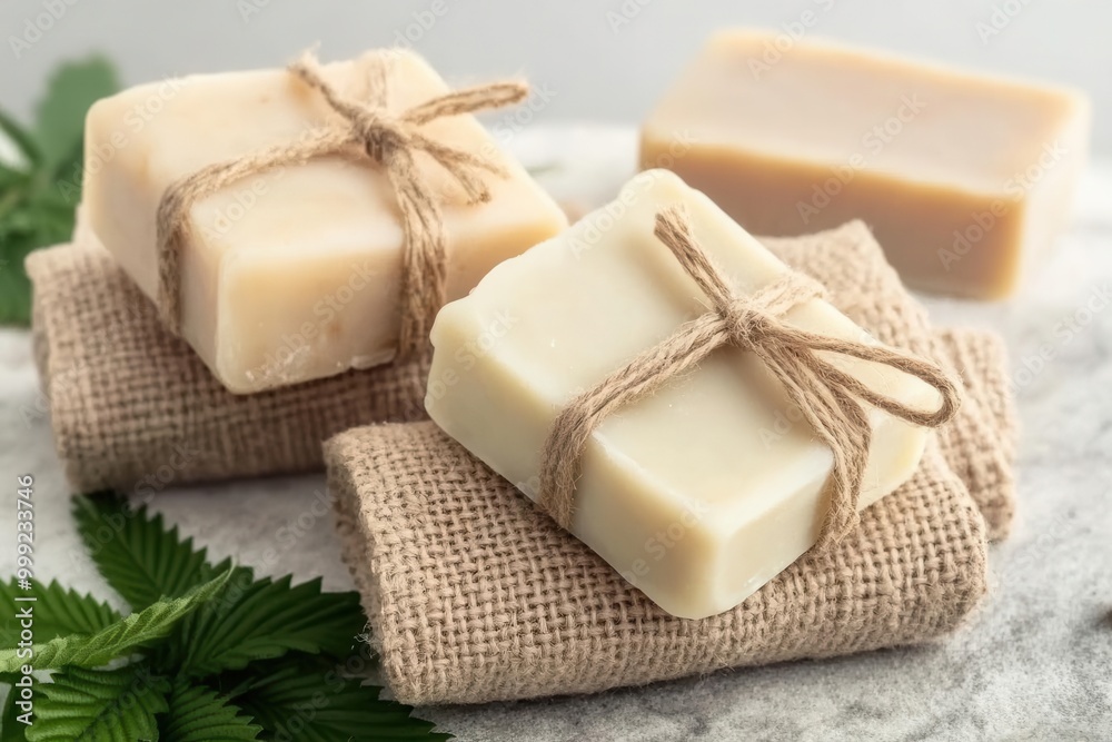 Hemp fabric wrapped around handmade soaps, tied with jute string, promoting sustainable packaging Hemp fabric wrapped around handmade soaps, tied with jute string, promoting sustainable packaging