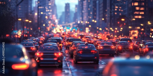 a traffic jam during rush hour, cars bumper to bumper with the city skyline in the background