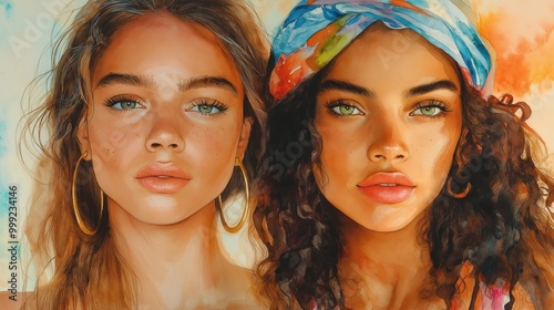 Bohemian spirit: two women embrace relaxed style against a vibrant watercolor backdrop