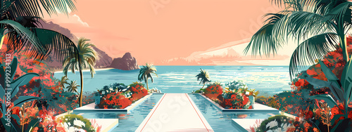 A serene tropical landscape at sunset, featuring lush greenery, colorful flowers, and a tranquil ocean view, creating a peaceful atmosphere.