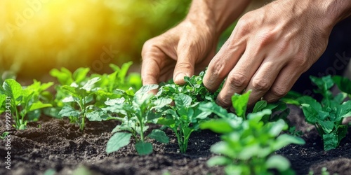 A person tends to a home garden, with a close-up on hands planting seeds, as natural light and fresh greenery capture the essence of nurturing hobbies