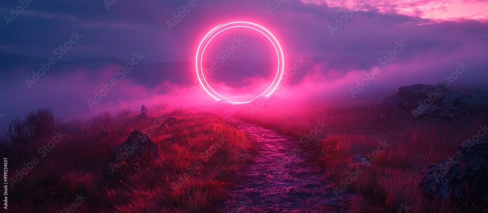 A path leading to a glowing neon pink ring in a misty landscape. A path leading to a glowing neon pink ring in a misty landscape.