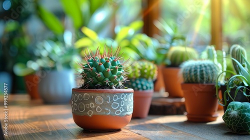 Cactus with houseplants in room. Home decor and tree lover concept