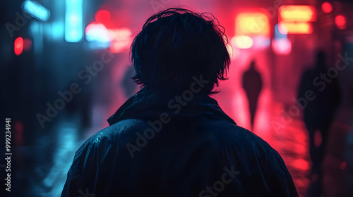 A Silhouette of a Person Walking Away from the City Lights in the Rain