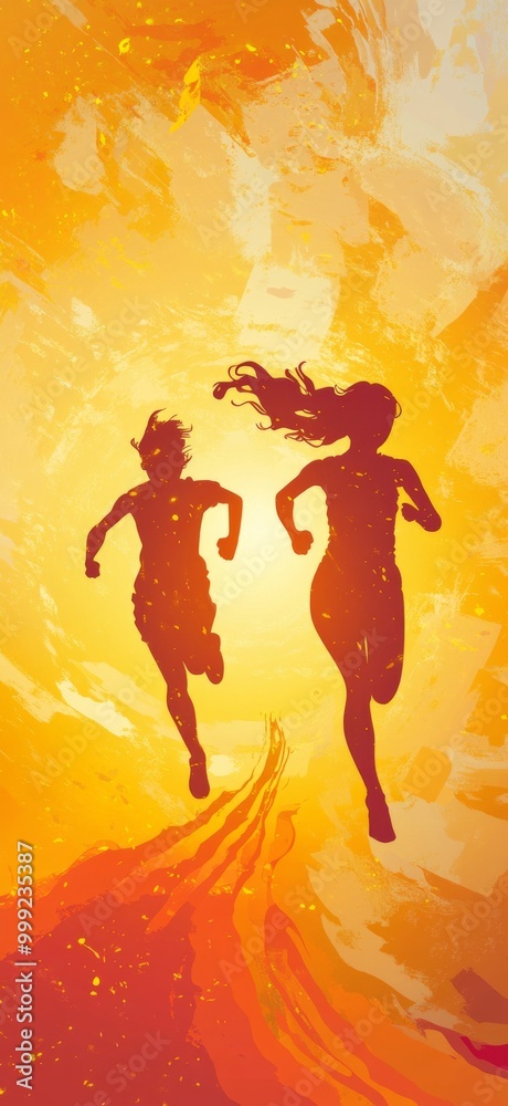 two people running and playing against a gradient orange to yellow background, symbolizing vibrant participation and engagement. two people running and playing against a gradient orange to yellow background, symbolizing vibrant participation and engagement.
