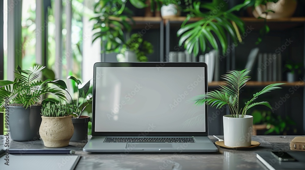 Close up and top view of creative white designer workplace with blank mock up laptop computer screen with reflections, partition, coffee cup, decorative plant and supplies. 3D Rendering Close up and top view of creative white designer workplace with blank mock up laptop computer screen with reflections, partition, coffee cup, decorative plant and supplies. 3D Rendering