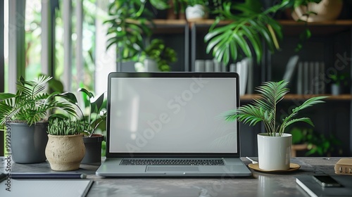 Close up and top view of creative white designer workplace with blank mock up laptop computer screen with reflections, partition, coffee cup, decorative plant and supplies. 3D Rendering 