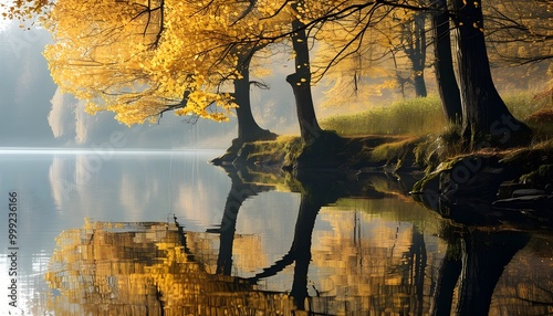 tranquil autumn landscape with a mirror-like lake reflecting vibrant golden trees