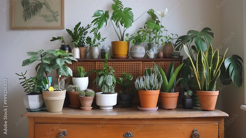 Indoor potted plants on top of dresser an old wooden chest of drawers