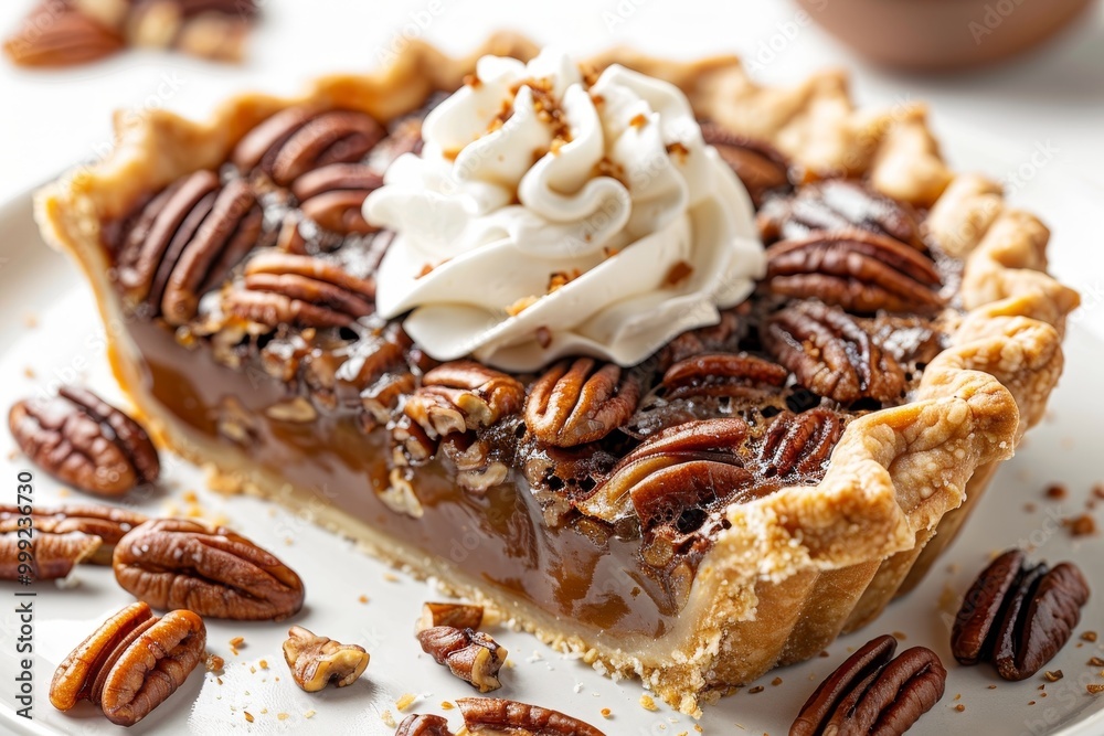 Caramel pecan pie with whipped cream on white background Caramel pecan pie with whipped cream on white background