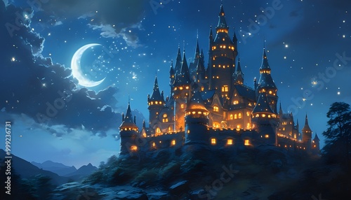 Enchanted castle with glowing windows under a crescent moon and twinkling stars in a magical night sky