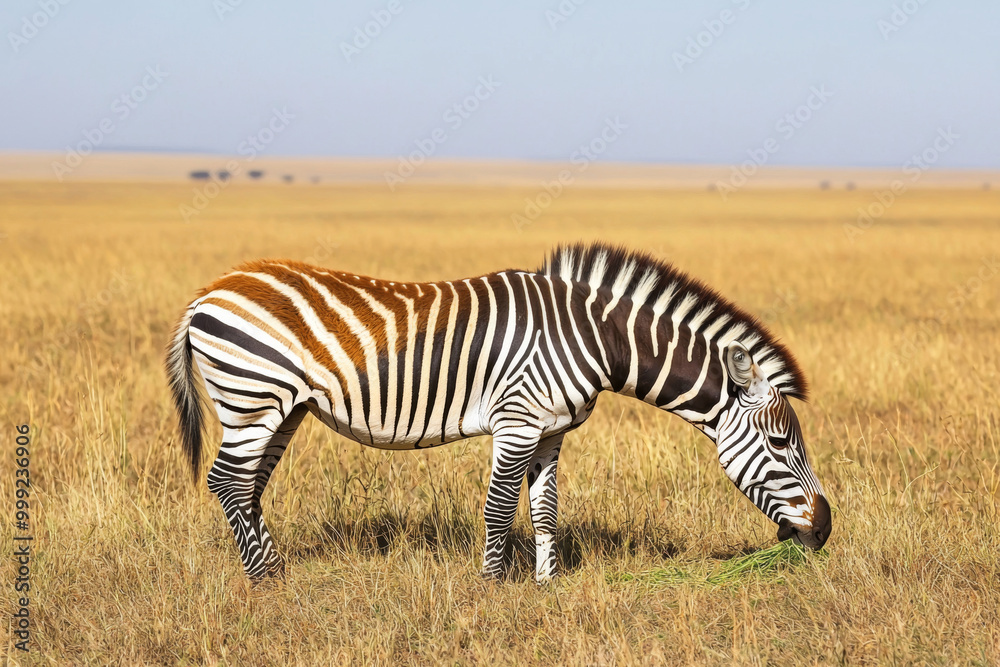 A zebra grazing in a vast golden grassland under a clear blue sky, showcasing the beauty of wildlife in its natural habitat. A zebra grazing in a vast golden grassland under a clear blue sky, showcasing the beauty of wildlife in its natural habitat.