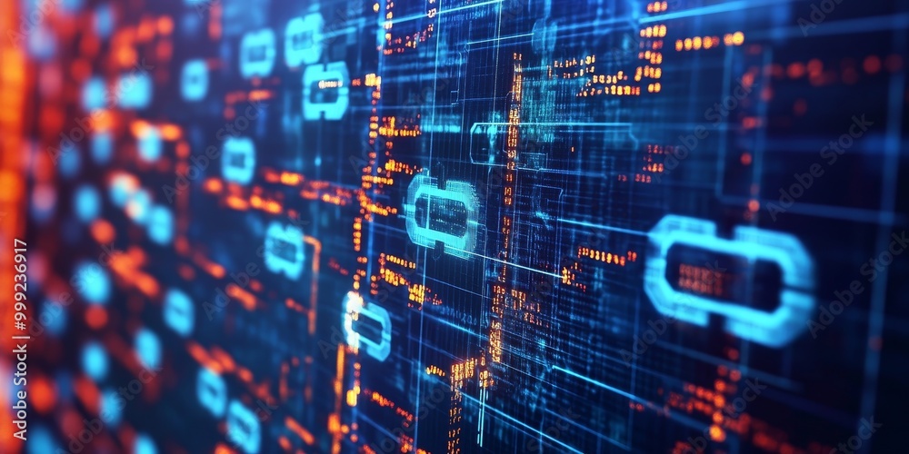 blockchain nodes on a digital screen, featuring complex data encryption algorithms. blockchain nodes on a digital screen, featuring complex data encryption algorithms.
