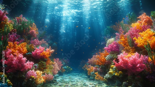 A beautiful underwater scene with colorful coral reefs and diverse marine life