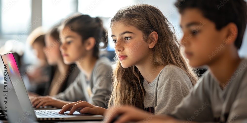 A close-up captures students coding on laptops, focusing on screens and focused expressions, as a modern classroom setting emphasizes the role of educational technology A close-up captures students coding on laptops, focusing on screens and focused expressions, as a modern classroom setting emphasizes the role of educational technology