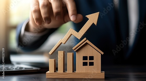 House price increase, value increase graph for real estate investment, housing or property, sales and market prices, rent or mortgage interest cost concept, businessman owner with rising arrow house.