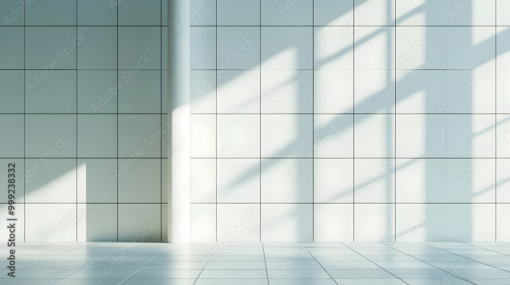 White Tiled Wall with Sunlight Casting Shadows on the Floor, Modern Minimalist Design White Tiled Wall with Sunlight Casting Shadows on the Floor, Modern Minimalist Design