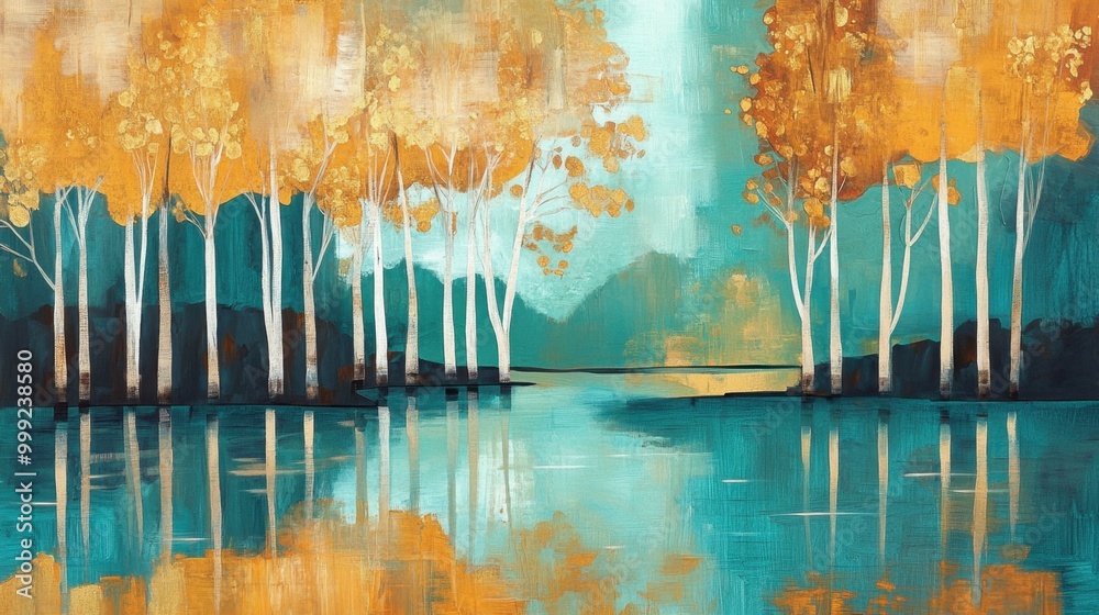 Obraz premium Modern art painting of teal and gold trees by a peaceful pond, showcasing abstract shapes and autumn colors