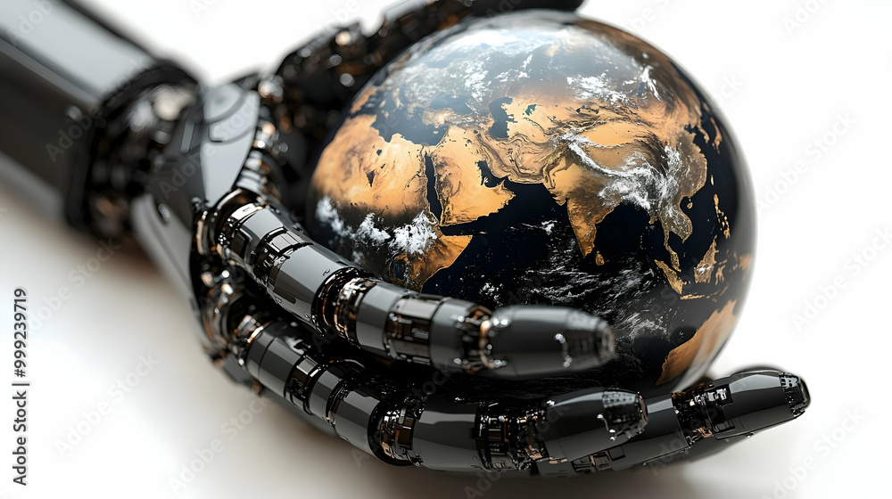 Robotic Hand Holding a Gold Earth Globe Robotic Hand Holding a Gold Earth Globe