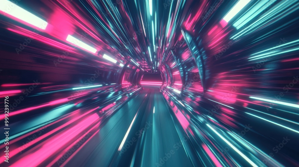 Neon teal and pink light trails rushing through an abstract tunnel, symbolizing speed, motion, and digital energy Neon teal and pink light trails rushing through an abstract tunnel, symbolizing speed, motion, and digital energy