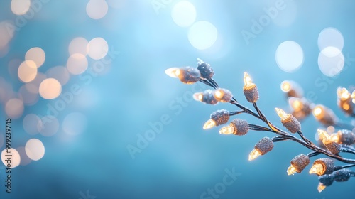 Christmas garland bokeh lights over blue background. Minimalist holiday illumination