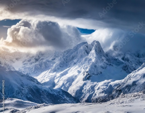 Dramatic snow-capped peaks with storm clouds gathering above, creating a powerful winter scene