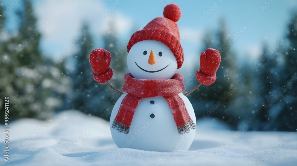Realistic snowman smiling standing in snow near spruce trees. Cute new year, christmas holiday character smiling in red mittens scarf and hat Realistic snowman smiling standing in snow near spruce trees. Cute new year, christmas holiday character smiling in red mittens scarf and hat