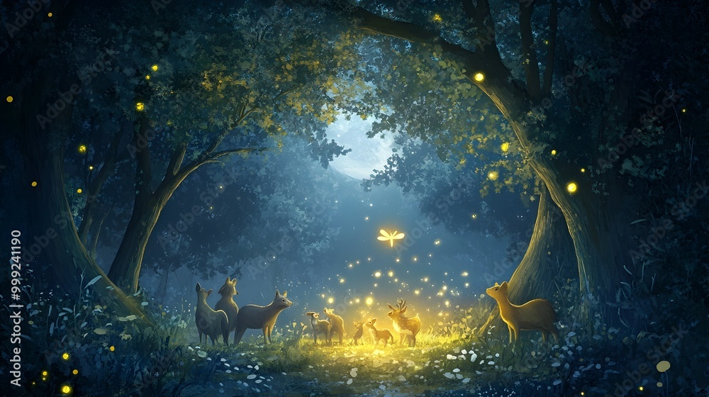 Whimsical of a glowing firefly leading a group of forest animals through a magical moonlit forest its light casting a soft glow on the trees and creating an enchanting fairytale like scene Whimsical of a glowing firefly leading a group of forest animals through a magical moonlit forest its light casting a soft glow on the trees and creating an enchanting fairytale like scene